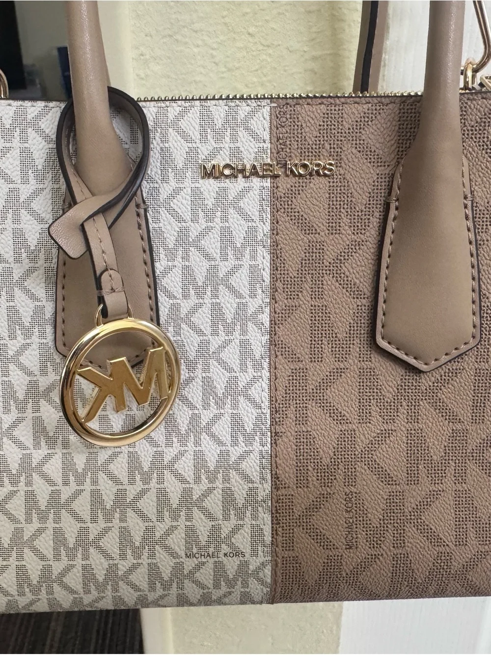 Michael Kors Beige and White Logo-Print Tote with Gold Charm